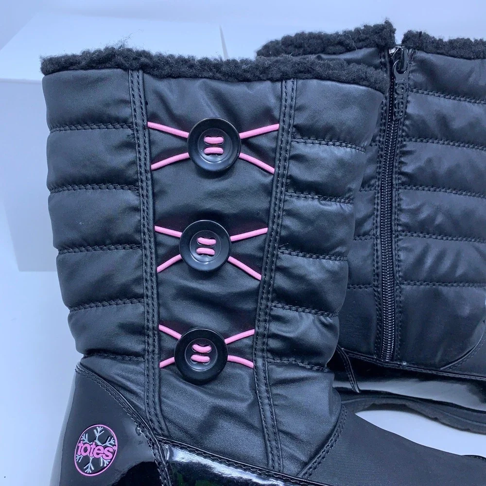 Totes Girls Size 4 Black Pink Dana Thermolite Faux Fur Quilted Winter Boots NWT